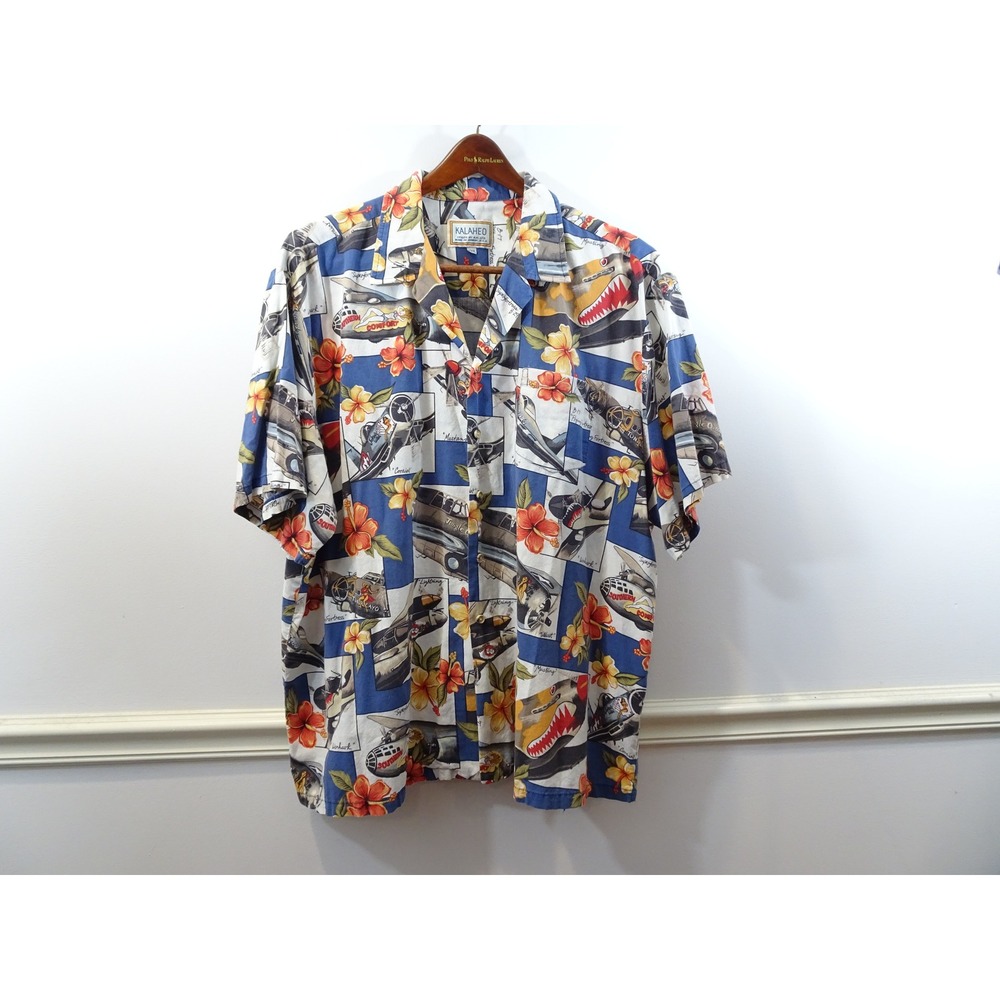 Kalaheo Mens XXXL WWII Fighter Plane Nose Art Hawaiian Shirt Blue Pinup Girl USA